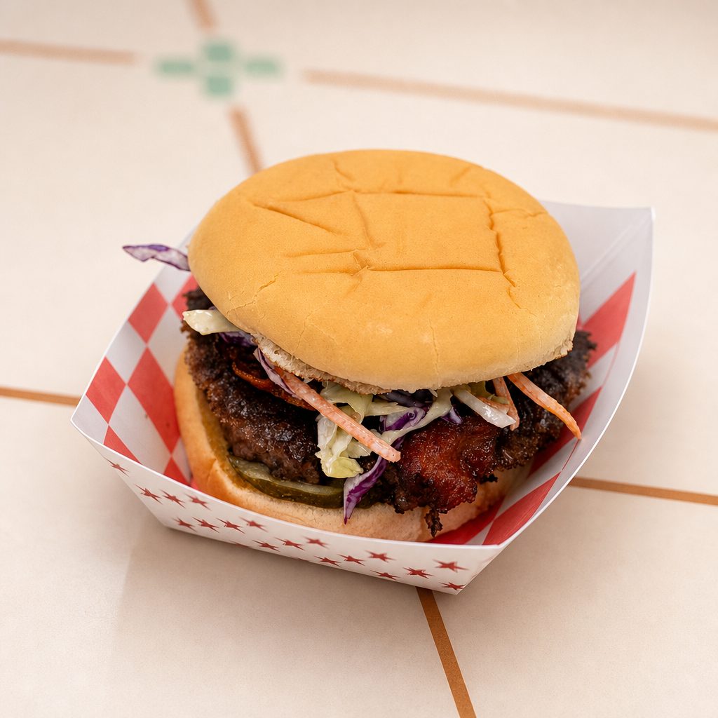 SLAW B QUE BURGER.